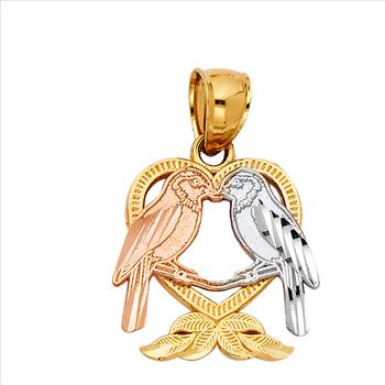 14K Tri Color Gold Heart with Bird Pendant