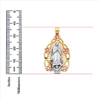 14K Tri Color Yellow Rose White Gold Religious Guadalupe Pendant - 37 mm x 27 mm