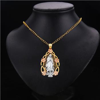 14K Tri Color Yellow Rose White Gold Religious Guadalupe Pendant - 37 mm x 27 mm