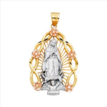 14K Tri Color Yellow Rose White Gold Religious Guadalupe Pendant - 37 mm x 27 mm