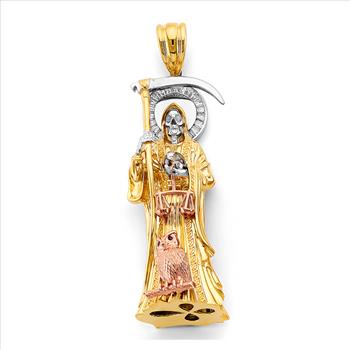 14K Tri Color Gold Cubic zirconia Santa Muerte 3D Pendant