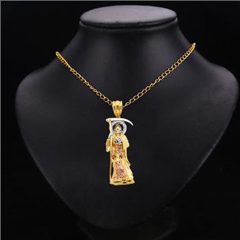 14K Tri Color Gold Cubic zirconia Santa Muerte 3D Pendant