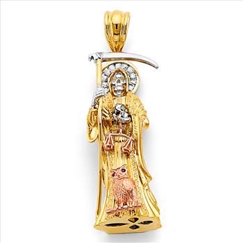 14K Tri Color Gold Cubic zirconia Santa Muerte 3D Pendant