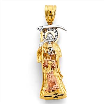 14K Tri Color Gold Cubic zirconia Santa Muerte 3D Pendant