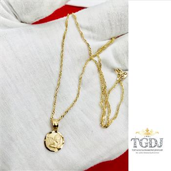 14K Yellow Gold 1.2mm Singapore Chain With 14K Yellow Gold Angel Pendant 16''