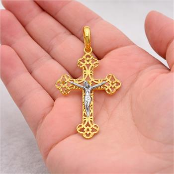 14K Two Tone Gold Crucufix Cross Pendant
