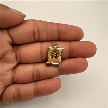 14K Yellow Gold SAC Red Heart of Jesus Picture Pendant