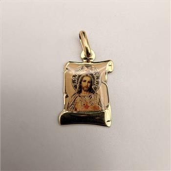 14K Yellow Gold SAC Red Heart of Jesus Picture Pendant