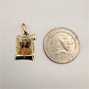 14K Yellow Gold SAC Red Heart of Jesus Picture Pendant