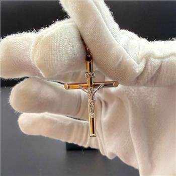 14K Two Tone Gold Hollow Round Tube Crucufix