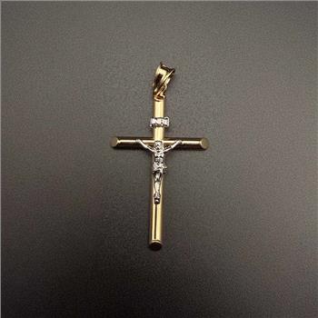 14K Two Tone Gold Hollow Round Tube Crucufix