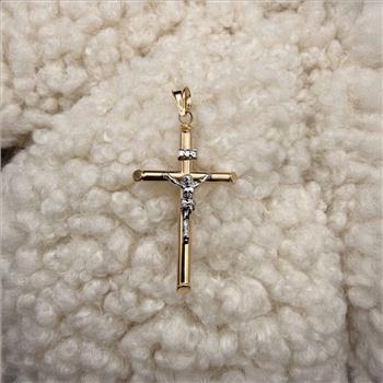 14K Two Tone Gold Hollow Round Tube Crucufix
