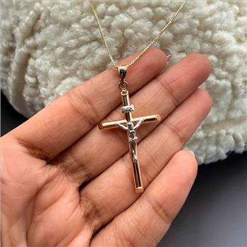 14K Two Tone Gold Hollow Round Tube Crucufix