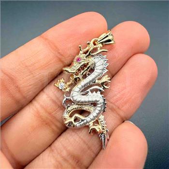 14K Two Tone Gold cubic zirconia Dragon Pendant