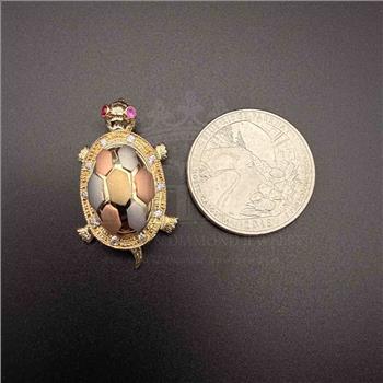 14K Tri Color Gold cubic zirconia Turtle Pendant
