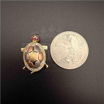 14K Tri Color Gold cubic zirconia Turtle Pendant
