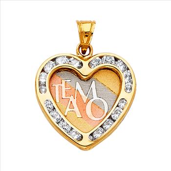 14K Tri Color Yellow Rose White Gold Cubic zirconia  Teamo Heart Pendant  - 18 mm x 18 mm