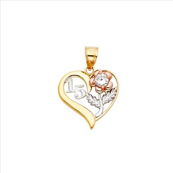 14K Tri Color Gold 15 Years Heart Pendant with 14K Tri Color Gold 1.5mm Valentono Chain -18 Inch