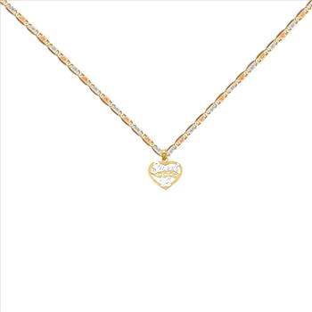 14K Two Tone Gold 15 Years Heart Pendant with 14K Tri Color Gold 1.5mm Valentono Chain -16 Inch