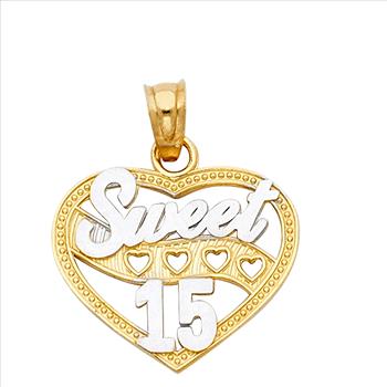 14K Two Tone Gold 15 Years Heart Pendant with 14K Tri Color Gold 1.5mm Valentono Chain -16 Inch