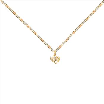 14K Yellow Gold 15 Years Heart Pendant with 14K Tri Color Gold 1.5mm Valentono Chain -16 Inch