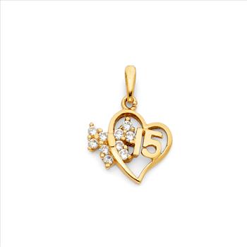 14K Yellow Gold 15 Years Heart Pendant with 14K Tri Color Gold 1.5mm Valentono Chain - 18Inch