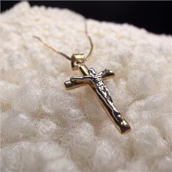 14K Two Tone Gold Hollow Round Tube Crucufix Pendant With Yellow Gold 0.8mm Box Chain - 24 Inch