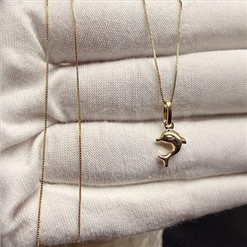 14K Yellow Gold Hollow Dolphin Pendant With Yellow Gold 0.5mm Box Chain - 18 Inch