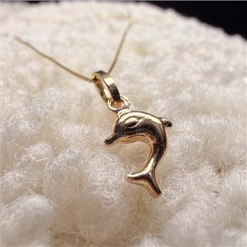 14K Yellow Gold Hollow Dolphin Pendant With Yellow Gold 0.5mm Box Chain - 18 Inch