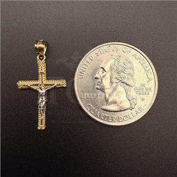 14K Two Tone Gold Crucufix Pendant With Yellow Gold 0.5mm Box Chain - 16 Inch