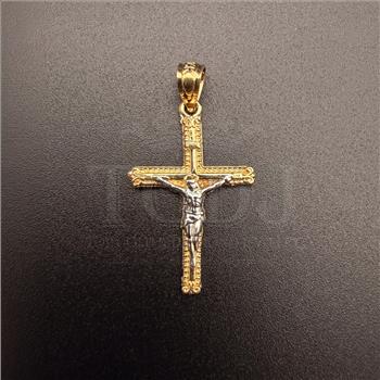 14K Two Tone Gold Crucufix Pendant With Yellow Gold 0.5mm Box Chain - 18 Inch