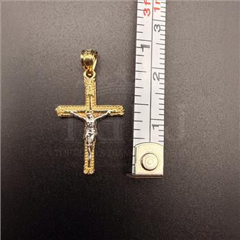14K Two Tone Gold Crucufix Pendant With Yellow Gold 0.5mm Box Chain - 18 Inch