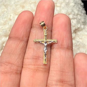 14K Two Tone Gold Crucufix Pendant With Yellow Gold 0.5mm Box Chain - 18 Inch