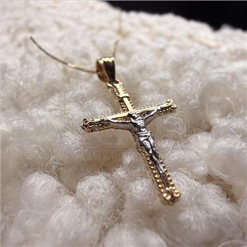 14K Two Tone Gold Crucufix Pendant With Yellow Gold 0.5mm Box Chain - 18 Inch