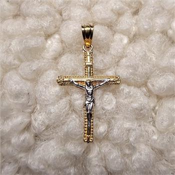 14K Two Tone Gold Crucufix Pendant With Yellow Gold 0.5mm Box Chain - 20 Inch