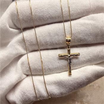 14K Two Tone Gold Crucufix Pendant With Yellow Gold 0.5mm Box Chain - 20 Inch