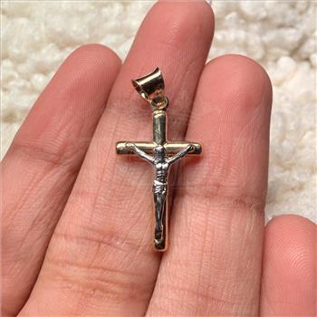 14K Two Tone Gold Hollow Round Tube Crucufix Pendant With  Yellow Gold 0.8mm Box Chain - 16 Inch