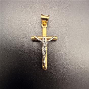 14K Two Tone Gold Hollow Round Tube Crucufix Pendant With Yellow Gold 0.8mm Box Chain - 18 Inch