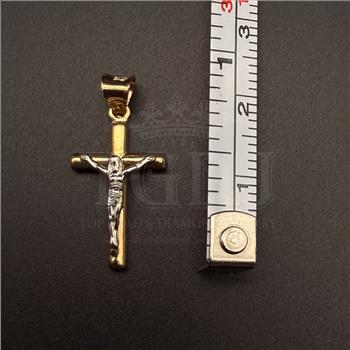 14K Two Tone Gold Hollow Round Tube Crucufix Pendant With  Yellow Gold 0.8mm Box Chain - 20 Inch