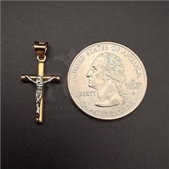 14K Two Tone Gold Hollow Round Tube Crucufix Pendant With Yellow Gold 0.8mm Box Chain - 22 Inch