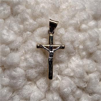 14K Two Tone Gold Hollow Round Tube Crucufix Pendant With Yellow Gold 0.8mm Box Chain - 22 Inch