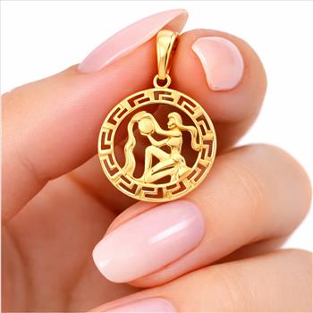 14k Yellow Gold Round Aquarius Zodiac Sign Horoscope Constellation Pendant