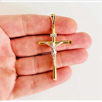 14K Two Tone Gold Hollow Round Tube Crucufix