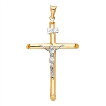 14K Two Tone Gold Hollow Round Tube Crucufix