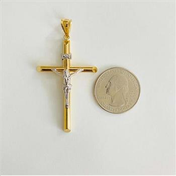 14K Two Tone Gold Hollow Round Tube Crucufix