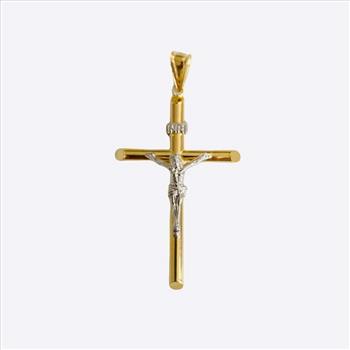 14K Two Tone Gold Hollow Round Tube Crucufix