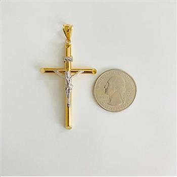 14K Two Tone Gold Hollow Round Tube Crucufix