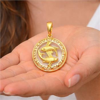 14k Yellow Gold Round Pisces Zodiac Sign Horoscope Constellation Pendant