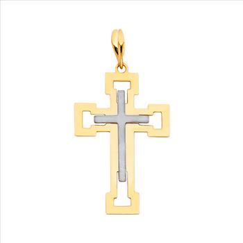 14K Two Tone Gold  Religious Cross Pendant - 31 mm X 21 mm