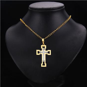 14K Two Tone Gold  Religious Cross Pendant - 31 mm X 21 mm